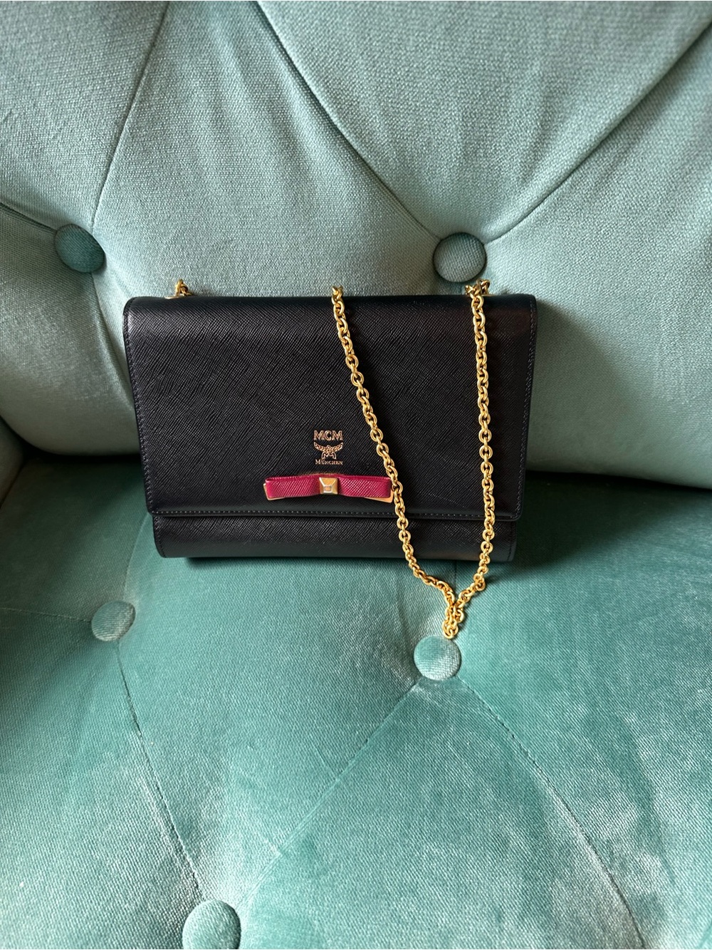 MCM Black Leather Crossbody with Red Wine Bow and Gold Chain